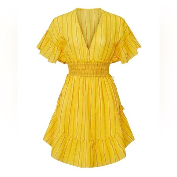 Saylor Yellow Adrianne Ruffle Sleeve Smocked Waist Mini Dress Sz M - Picture 5 of 16